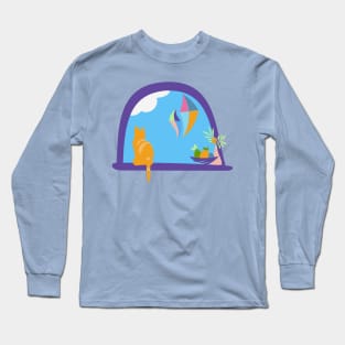 Cat on Window Looking at Kites Long Sleeve T-Shirt